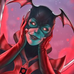  1girl bleez colored_sclera colored_skin dc_comics gloves grey_skin head_wings hibren highres looking_at_viewer red_gloves red_lantern red_sclera solo upper_body wings 