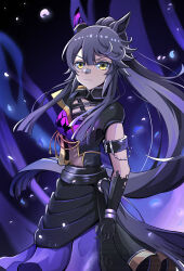  1girl absurdres alt_text animal_ears bandaid bandaid_on_face bandaid_on_nose black_gloves black_hair black_skirt breasts closed_mouth commentary_request ear_covers gloves highres horse_ears horse_girl horse_tail long_hair looking_at_viewer narita_brian_(ravenous_wolf)_(umamusume) narita_brian_(umamusume) official_alternate_costume ponytail single_ear_cover skirt solo tail tatsuki_020104 two-tone_bandeau umamusume yellow_eyes 