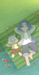  2boys animal_ears barefoot blue_hair boat cat_boy cat_ears closed_eyes fish highres looking_at_another low_ponytail luo_xiaohei luo_xiaohei_(human) lying male_focus multiple_boys no_lineart official_art on_back one_eye_closed outdoors pants pants_rolled_up ponytail river shirt shorts solar_term the_legend_of_luo_xiaohei tree_shade watercraft white_hair wuxian_(the_legend_of_luo_xiaohei) xrriver 