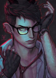  1boy arm_tattoo artist_logo artist_name black-framed_eyewear black_gloves black_hair black_nails brown_eyes brown_necktie caproka commentary earclip earrings elezen elf english_commentary film_grain final_fantasy final_fantasy_xiv fingerless_gloves fingernails glasses gloves hand_on_own_cheek hand_on_own_face heart heart_earrings jewelry lips logo long_fingernails looking_at_viewer male_focus necktie original pointy_ears serious solo tattoo undercut undoing_own_necktie warrior_of_light_(ff14) 