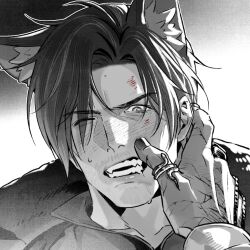  2boys animal_ears artist_request blush commentary_request commission cracked_skin drooling facial_hair fangs greyscale hand_up jewelry leon_s._kennedy looking_at_viewer male_focus monochrome multiple_boys mustache_stubble one_eye_closed pov pov_hands resident_evil resident_evil_requiem ring second-party_source sidelighting snake_ring stubble thumb_ring victor_gideon wolf_boy wolf_ears 