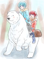  2girls absurdres alice_gear_aegis animal bear blue_eyes blue_gloves blue_hair bun_cover coat gloves hair_bun highres multiple_girls nina_kalinina polar_bear red_gloves red_hair riding riding_animal shizuna_(euorobib1059) short_hair violet_eyes wang_honghua winter winter_clothes winter_coat 