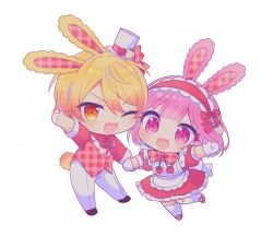  1boy 1girl :d ;d animal_ears apron black_shoes blonde_hair brown_eyes chibi dress frilled_hairband frills gloves grey_hat grey_pants hair_between_eyes hairband half_gloves hat jacket kneehighs long_sleeves mini_hat mini_top_hat one_eye_closed ootori_emu pants pink_hair plaid_clothes plaid_jacket pnyo_emc project_sekai puffy_short_sleeves puffy_sleeves rabbit_ears red_dress red_hairband red_jacket red_shoes shoes short_sleeves simple_background smile socks tenma_tsukasa tilted_headwear top_hat violet_eyes white_apron white_background white_gloves white_socks 