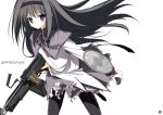  akemi_homura black_hair buckler gun hairband long_hair m249 machine_gun mahou_shoujo_madoka_magica pantyhose school_uniform serafuku solo suzuri weapon 