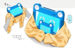  akai_ramu buttons classicaloid highres holding holding_tablet_pc no_humans object_focus orange_shirt pad-kun_(classicaloid) shirt simple_background speech_bubble tablet_pc translation_request watermark white_background zzz 