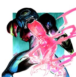  1girl absurdres armor assault_visor blue_armor glowing_arm green_assault_visor helmet highres maeca_art metroid metroid_ravenous multicolored_armor power_armor power_suit_(metroid) ravenous_suit red_helmet samus_aran signature 