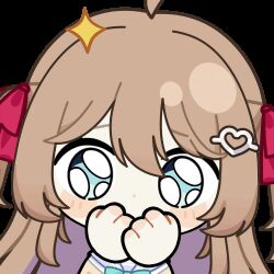  1girl ahoge animated animated_gif aqua_bow aqua_bowtie blue_eyes blue_sailor_collar blush_stickers bow bowtie brown_hair cardigan chibi chibi_only chunye_haruya commentary commission covering_own_mouth disembodied_hand dot_nose english_commentary hair_between_eyes hair_ornament hair_ribbon heart heart_hair_ornament long_hair lowres neuro-sama neuro-sama_(1st_costume) pleading_eyes red_ribbon ribbon sailor_collar second-party_source shirt solo sticker_(medium) transparent_background two_side_up upper_body vedal_ai virtual_youtuber white_shirt yellow_cardigan 