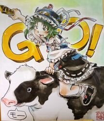  1girl absurdres asymmetrical_hair black_shoes black_skirt blue_hat blue_vest commentary_request cow dated english_text epaulettes frilled_hat frilled_skirt frills green_eyes green_hair hat highres kokechankokko long_sleeves open_mouth ribbon-trimmed_skirt ribbon_trim riding riding_animal rod_of_remorse shiki_eiki shirt shoes skirt smile socks solo speech_bubble touhou traditional_media translation_request vest white_shirt white_socks 