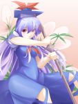  absurdres bamboo blue_hair breasts chus colored_eyelashes dress hat highres horns kamishirasawa_keine long_hair red_eyes silver_hair smile solo sword tokin_hat touhou weapon white_hair 