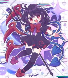  1girl :d antenna_hair asymmetrical_wings black_dress black_hair black_thighhighs blue_wings blush bow bowtie buttons center_frills commentary_request dress fang footwear_bow frills full_body glitch grid_background highres holding holding_polearm holding_weapon houjuu_nue looking_at_viewer mch_m0n0 medium_hair nue_day open_mouth pointy_ears polearm red_bow red_bowtie red_eyes red_shoes red_wings shoes short_sleeves skin_fang smile snake solo sparkle thigh-highs tomoe_(symbol) touhou trident v-shaped_eyebrows weapon wings wristband 
