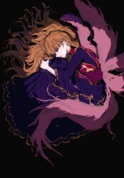  1girl black_background black_dress black_sash blonde_hair commentary_request crying crying_with_eyes_open dress dubiansuhai energy energy_tail fetal_position from_above full_body hair_spread_out half-closed_eyes highres junko_(touhou) long_hair long_sleeves lying missing_headwear on_side pale_skin parted_lips profile red_eyes red_tabard sash simple_background solo spotlight tabard tears touhou very_long_hair wide_sleeves 