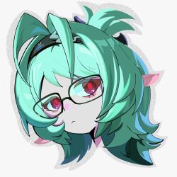  1girl black-framed_eyewear black_hairband closed_mouth glasses green_hair grey_background hairband highres looking_at_viewer luisodos pointy_ears portrait red_eyes roxy_ifrita_pryce simple_background solo zenless_zone_zero 