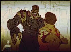  1girl 2boys black_gloves blood blood_on_clothes brad_vickers brown_hair commentary english_commentary fingerless_gloves gloves jill_valentine leather monster multiple_boys nemesis_(resident_evil) one-eyed resident_evil resident_evil_3:_nemesis stitched_face stitches tentacles vitaliy_shushko 
