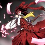  adapted_costume brown_hair buttons colored cosplay derivative_work fingerless_gloves flying_paper fusion gauntlets gloves gohei hakurei_reimu jacket metal_gloves noumin ofuda paper solo sunglasses touhou trigun vash_the_stampede vash_the_stampede_(cosplay) 