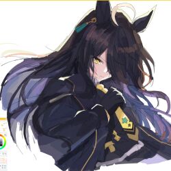  1girl ahoge animal_ears art_program_in_frame black_coat black_gloves black_hair closed_mouth coat collared_shirt commentary_request ear_tag earrings gloves hair_between_eyes highres horse_ears horse_girl jewelry long_hair long_hair_between_eyes long_sleeves manhattan_cafe_(creeping_shadow)_(umamusume) manhattan_cafe_(umamusume) multicolored_hair necktie sanbai2012 shirt single_earring solo umamusume upper_body white_hair white_shirt yellow_eyes yellow_necktie 