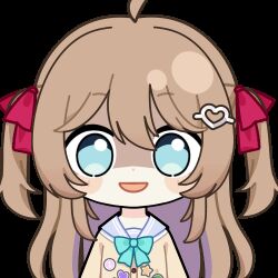  1girl ahoge animated animated_gif aqua_bow aqua_bowtie badge blue_eyes blue_sailor_collar blush_stickers bow bowtie brown_hair button_badge cardigan chunye_haruya commentary commission constricted_pupils dot_nose english_commentary hair_between_eyes hair_ornament hair_ribbon heart heart_hair_ornament holding holding_knife knife long_hair long_sleeves looking_at_viewer lowres neuro-sama neuro-sama_(1st_costume) red_ribbon ribbon sailor_collar second-party_source shaded_face shirt smile solo sticker_(medium) transparent_background two_side_up upper_body vedal_ai virtual_youtuber white_shirt yandere yellow_cardigan 
