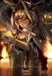  1girl absurdres animal_ears antlers archillathefox arknights armor black_gloves blonde_hair blurry blurry_background blurry_foreground candle cape character_name closed_mouth commentary depth_of_field ears_through_hood english_commentary english_text film_grain fire gloves grey_eyes hair_between_eyes highres hood hood_up hooded_cape horns horns_through_hood long_hair looking_at_viewer partially_fingerless_gloves signature smoke solo vambraces viviana_(arknights) white_cape 