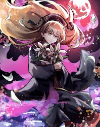  1girl absurdres artist_name black_dress black_hat blonde_hair chirooo92084 closed_mouth commentary_request crescent crescent_print dalachi_(headdress) dot_nose dress earth_(planet) energy energy_tail falling_petals feet_out_of_frame floating_hair flower hat highres holding holding_flower junko_(touhou) lily_(flower) long_hair long_sleeves looking_at_viewer petals planet pom_pom_(clothes) red_eyes red_tabard smile solo sparkle sparkling_aura tabard touhou twitter_username very_long_hair white_flower white_petals wide_sleeves 