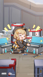 1girl ahoge anis_(nikke) anniversary beret black_gloves black_jacket black_shorts black_thighhighs box briefcase brown_hair chibi closed_eyes copyright_name full_body gloves goddess_of_victory:_nikke hair_ornament hat highres jacket long_sleeves navel official_art open_mouth short_hair shorts single_glove smile solo thigh-highs 