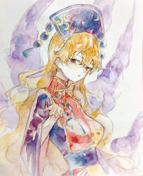  1girl absurdres black_dress black_hat black_sash blonde_hair blush breasts commentary crescent_print dalachi_(headdress) dress energy energy_tail hair_between_eyes hand_up hat highres junko_(touhou) long_hair long_sleeves looking_to_the_side medium_breasts navybluesparrow neck_ribbon painting_(medium) parted_lips phoenix_print pom_pom_(clothes) red_eyes red_tabard ribbon sash simple_background solo standing tabard touhou traditional_media upper_body very_long_hair watercolor_(medium) white_background wide_sleeves yellow_ribbon 