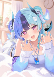 absurdres achichi_mela aqua_hair bare_shoulders barefoot blue_fire blue_hair blush braid claw_pose clock collarbone commentary_request curtains demon_horns detached_sleeves earrings fangs feet fingernails fire hair_between_eyes hair_ornament highres hololive horns indoors jewelry long_fingernails long_sleeves looking_at_viewer lying multicolored_hair multicolored_horns nail_polish on_bed on_stomach open_mouth pink_eyes plant pon47606461 skirt tassel tassel_hair_ornament teeth twin_braids upper_teeth_only virtual_youtuber wall_clock white_skirt window