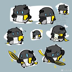  1boy 1girl :3 arknights arknights:_endfield bird chibi chibi_only chinese_commentary commentary_request endministrator_(arknights) female_endministrator_(arknights) hua_ren_nan male_endministrator_(arknights) mask pelican perlica_(arknights) puff_of_air sword weapon 