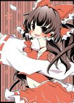  armpits bad_id blush bow brown_eyes brown_hair detached_sleeves dress hair_bow hakurei_reimu long_sleeves midriff miko open_mouth pasutel red_dress solo touhou 