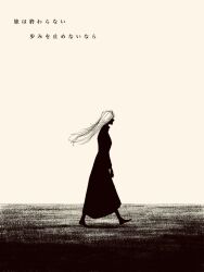  1girl black_dress black_outline brown_theme dress floating_hair from_side full_body greyscale highres long_hair long_sleeves looking_to_the_side monochrome original outline silhouette solo tp_p_pt walking white_background 