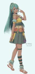  1girl absurdres blue_background bracelet commentary_request dress esmeralda_sinza fire_emblem fire_emblem:_fortune's_weave green_eyes green_hair hair_ornament hairclip highres jewelry long_hair multicolored_dress multiple_hairclips nakedofficer necklace open_mouth ponytail sandals simple_background smile thigh_strap v 
