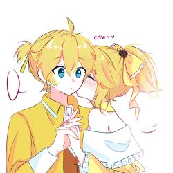  1boy 1girl ahoge aku_no_meshitsukai_(vocaloid) aku_no_musume_(vocaloid) allen_avadonia ascot bare_shoulders black_flower black_rose blank_speech_bubble blonde_hair blue_eyes blueberry_hedy blush bow brown_vest choker clueless coat collared_coat collared_jacket collared_shirt dress evillious_nendaiki flower frilled_sleeves frills hair_bow hair_flower hair_ornament high_ponytail interlocked_fingers jacket kagamine_len kagamine_rin kiss kissing_cheek leaning_forward off-shoulder_dress off_shoulder pale_skin ponytail riliane_lucifen_d'autriche rose shirt short_ponytail siblings sidelocks speech_bubble surprised twins updo vest vocaloid white_ascot white_shirt wide_sleeves yellow_bow yellow_choker yellow_coat yellow_dress yellow_jacket yellow_nails 