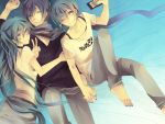 aqua_eyes artist_request blue_eyes blue_hair casual closed_eyes female green_hair hatsune_miku hatsune_mikuo holding_hands kaito long_hair male scarf short_hair sleeping smile source_request twintails v vocaloid wink 