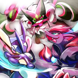  1girl 1other 2others black_fur black_hair blue_eyes body_fur bright_pupils claws closed_mouth commentary_request digitigrade emphasis_lines frog furry furry_female greninja grey_fur highres long_hair looking_at_viewer meowscarada meowscaradameow multicolored_hair multiple_others neck_fur no_humans nostrils open_mouth other_focus pokemon pokemon_(creature) pokemon_focus pokemon_move red_claws red_eyes red_fur red_hair smile snout solo twitter_username two-tone_fur white_pupils zoroark 