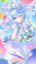  1girl ;) absurdres ahoge aimh balloon blue_eyes blue_flower blue_hair blush bouquet commentary cowboy_shot dress elbow_gloves finger_heart flower gloves hair_between_eyes hand_up heart heart_balloon heart_in_eye highres holding holding_bouquet honkai_(series) honkai_impact_3rd leaning_forward long_hair looking_at_viewer one_eye_closed purple_flower shigure_kira smile solo symbol_in_eye untranslatable_commentary very_long_hair white_dress white_gloves 
