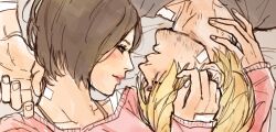  1boy 1girl ada_wong bandaid bandaid_on_cheek bandaid_on_face bandaid_on_hand bandaid_on_nose bandaid_on_shoulder beard_stubble bed_sheet black_hair black_shirt blonde_hair blush bra_strap chonky_froggy closed_mouth collarbone commentary couple english_commentary face-to-face facial_hair from_above from_side hand_on_another's_neck hetero highres leon_s._kennedy lips long_sleeves looking_at_another lying on_back paid_reward_available parted_lips profile red_shirt resident_evil shirt short_hair sketch sleeves_past_wrists stubble upper_body upside-down 