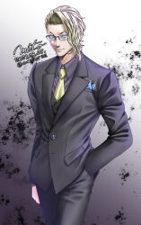  1boy amatsu_mito arm_at_side artist_name black_pants black_suit blonde_hair commentary_request glasses hand_in_pocket highres kengan_(series) kengan_omega male_focus necktie nicolas_le_banner pants pocket_square solo standing suit sunglasses yellow_necktie 