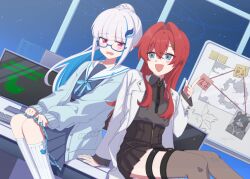  2girls :d ange_katrina ange_katrina_(lab_coat) arm_support artist_name ban_(page_of_lambda) black_necktie black_skirt blue-framed_eyewear blue_cardigan blue_eyes blue_hair blue_ribbon blue_serafuku blue_shirt blue_skirt blush braid braided_base cardigan coat collared_shirt colored_inner_hair commentary_request crossed_bangs desk dutch_angle frilled_skirt frills glasses grey_shirt grey_thighhighs hair_between_eyes hair_intakes hair_ornament hand_up hands_on_own_knees high-waist_skirt highres index_finger_raised indoors inui_toko ken_(page_of_lambda) lab_coat lapels legwear_garter lize_helesta lize_helesta_(school_uniform) long_hair long_sidelocks looking_at_another looking_over_eyewear looking_to_the_side mandragora_(ange_katrina) map_(object) medium_skirt miniskirt monitor multicolored_eyes multicolored_hair multiple_girls neck_ribbon necktie nijisanji notched_lapels on_desk open_cardigan open_clothes open_coat open_mouth page_of_lambda peanut_mouth pleated_skirt ponytail ponytail_with_braided_base raised_eyebrow red_hair ribbon sailor_collar school_uniform semi-rimless_eyewear serafuku shirt shirt_tucked_in sidelocks sitting skirt sleeves_past_wrists smile socks square-end_necktie streaked_hair thigh-highs two-tone_eyes two-tone_hair violet_eyes virtual_youtuber white_hair white_sailor_collar white_socks whiteboard yaguyaguchii 