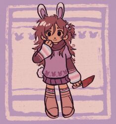  :3 animal_ears boots brown_boots brown_hair closed_mouth commentary dress english_commentary hair_between_eyes hair_bun highres holding holding_knife kemonomimi_mode knife kurashiki_akane kyokugen_dasshutsu kyokugen_dasshutsu:_9_jikan_9_nin_9_no_tobira layered_sleeves long_hair long_sleeves messy_hair pakutheta purple_background purple_dress rabbit_ears rabbit_girl rust short_over_long_sleeves short_sleeves single_hair_bun single_side_bun smile solid_oval_eyes standing 