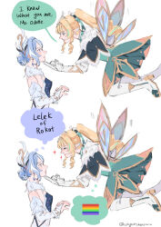  2girls aqua_capelet aqua_dress aqua_ribbon aqua_streaks backless_dress backless_outfit bakeryowl blonde_hair blue_dress blue_hair blunt_bangs boots bridal_gauntlets capelet commentary dress drill_hair drill_ponytail drill_sidelocks elbow_gloves english_commentary english_text fairy fairy_wings flying full_body fur-trimmed_capelet fur_collar fur_trim genshin_impact gloves gold_trim hair_bun hair_ornament hair_ribbon highres i_know_what_you_are_(meme) leggings long_hair long_pointy_ears meme multicolored_hair multiple_girls odette_(genshin_impact) pink_trim pointy_ears rainbow_flag ribbon sidelocks silver_tiara speech_bubble spoilers strapless strapless_dress streaked_hair thought_bubble two-tone_hair upper_body vesna_(genshin_impact) white_boots white_bridal_gauntlets white_gloves white_leggings white_sleeves white_streaks wings 