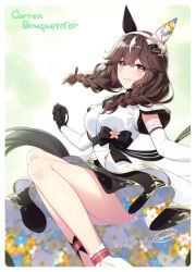  1girl animal_ears artist_name blush braid breasts brown_eyes brown_hair character_name commentary_request curren_bouquetd'or_(racing)_(umamusume) curren_bouquetd'or_(umamusume) detached_sleeves field flower flower_field hair_between_eyes hair_ornament hairband horse_ears horse_girl huyukaaki long_hair looking_at_viewer low_twin_braids medium_breasts simple_background twin_braids umamusume 