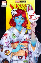  1girl alternate_costume blue_skin colored_skin comic_cover copyright_logo cover cover_page english_text fox_mask hair_ornament highres holding holding_mask japanese_clothes kimono logo looking_at_viewer marvel mask mystique print_kimono red_hair red_lips short_hair skull_hair_ornament solid_eyes solo upper_body weijic white_kimono x-men yellow_eyes 