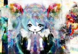  1girl abstract abstract_background absurdres arms_at_sides blue_eyes blue_hair blue_necktie commentary_request grey_shirt hatsune_miku highres hilty looking_ahead looking_at_viewer necktie open_mouth shirt sleeveless sleeveless_shirt smile solo twintails upper_body vocaloid 