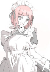  1girl :d apron black_dress black_ribbon breasts buttons collared_dress commentary_request cowboy_shot digimon digimon_beatbreak dress enmaided episode_number fang frilled_apron frills hair_ribbon happy highres holding_own_dress kojima_takahiro limited_palette looking_at_viewer maid maid_apron maid_headdress medium_hair multicolored_hair open_mouth pink_eyes pink_hair puffy_short_sleeves puffy_sleeves ribbon sakuya_reina short_sleeves simple_background smile solo split_mouth star_(symbol) two-tone_hair white_apron white_background wrist_cuffs 