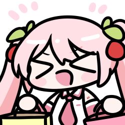  >_< 1girl :d bag ball_hands blush_stickers cherry_hair_ornament chibi chibi_only closed_eyes collared_shirt commentary_request detached_sleeves double-parted_bangs food-themed_hair_ornament hair_ornament hatsune_miku holding holding_bag korean_commentary long_hair necktie open_mouth pink_hair pink_necktie pink_sleeves sakura_miku shirt shopping_bag sleeveless sleeveless_shirt smile solo twintails upper_body vocaloid white_shirt xd zzul0714 