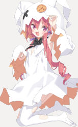  1girl :d arm_up black_bow blush bow commentary_request dress fang full_body ghost_costume grey_background hair_between_eyes halloween_costume hazuki_watora highres hood hood_up kani_biimu long_hair long_sleeves looking_at_viewer no_shoes original red_hair simple_background sleeves_past_fingers sleeves_past_wrists smile soles solo thigh-highs torn_clothes torn_thighhighs very_long_hair violet_eyes white_dress white_thighhighs wide_sleeves 