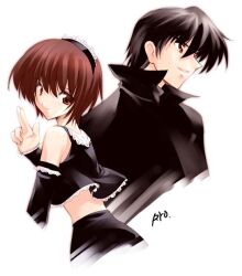  1boy 1girl 2000s_(style) bad_id black_coat black_hair black_hairband black_shirt black_skirt black_sleeves brown_hair closed_mouth coat cropped_torso detached_sleeves finger_gun hairband lace-trimmed_hairband lace-trimmed_shirt lace-trimmed_sleeves lace_trim looking_ahead looking_at_viewer midriff original parted_lips red_eyes shirt short_hair signature simple_background skirt sleeveless sleeveless_shirt smile turning_head ueda_ryou white_background 