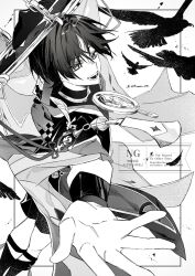  1boy armor bird bishounen blunt_ends bodysuit commentary_request crow foreshortening from_above furisode genshin_impact greyscale hat highres japanese_armor japanese_clothes jewelry jingasa juban kimono kote layered_sleeves looking_at_viewer male_focus mask_on_hat monochrome neck_ring nitoooo_00 open_hand open_mouth scaramouche_(genshin_impact) scaramouche_(harbinger)_(genshin_impact) short_sleeves shorts single_sode solo tassel teeth tsurime turtleneck turtleneck_bodysuit twitter_username veil watermark wispy_bangs wolf_cut 