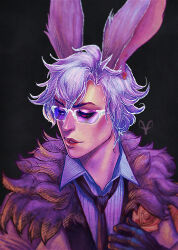  1other alt_text androgynous animal_ear_piercing animal_ears artist_logo black_gloves black_necktie brown_jacket caproka commentary english_commentary final_fantasy final_fantasy_xiv fur-trimmed_jacket fur_trim glasses gloves heterochromia jacket light_smile lips logo looking_down necktie other_focus parted_lips portrait rabbit_ears red_eyes red_lips rimless_eyewear solo viera warrior_of_light_(ff14) white_eyes white_hair 