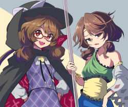  blue_dress bo_staff bolo_tie bow brown_eyes brown_hair cape circlet detached_sleeves dress fedora glasses gold_circlet green_dress hat hat_bow holding holding_staff long_sleeves low_twintails monkey_girl multicolored_dress multiple_girls open_mouth plaid_clothes plaid_skirt plaid_vest purple_vest red-framed_eyewear red_eyes runes ruyi_jingu_bang shirt short_hair single-shoulder_dress single_detached_sleeve single_strap skirt smile son_biten staff syope test_tube touhou twintails usami_sumireko varied_reactions vest yellow_dress 