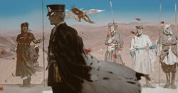  5boys absurdres ace_combat ace_combat_8 bird black_cloak black_hat black_jacket blue_sky clear_sky cloak commission day desert eagle falling_petals from_side girish_toprak golden_eagle grey_hair hat highres holding holding_polearm holding_weapon jacket looking_ahead male_focus mountain multiple_boys peaked_cap petals polearm short_hair sky solo_focus standing su-47_berkut vs7r8xpjsfhp99v weapon 