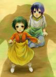  1girl akke blue_hair clenched_teeth dress farah_oersted green_hair highres keele_zeibel open_mouth orange_dress protect protecting shadow short_hair tales_of_(series) tales_of_eternia tears wavy_mouth young 